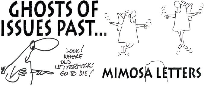 Mimosa Letters (letters column), 
  title illo by Sheryl Birkhead and William Rotsler